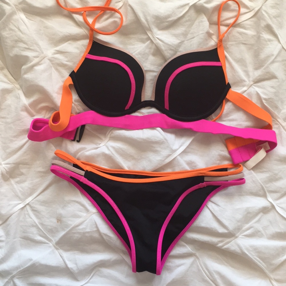 VS Black Bikini w Pink & Orange